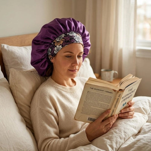 Bonnet en satin violet profite un moment de lecture agreable