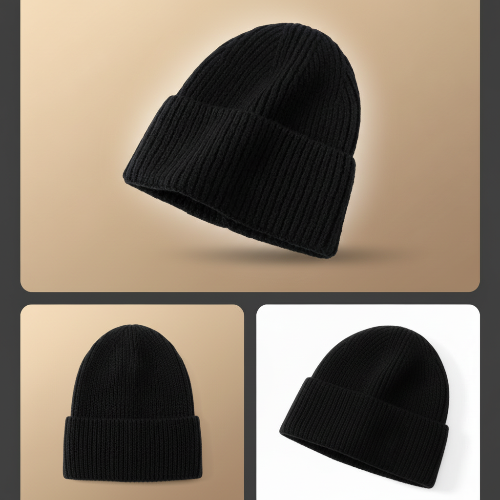 Bonnet hiver femme chic noir presente sur un fond premium avec eclairage studio et vues detaillees