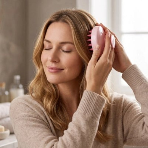 Brosse massage cuir chevelu rose tenue contre le cote de la tete d une femme aux cheveux ondules