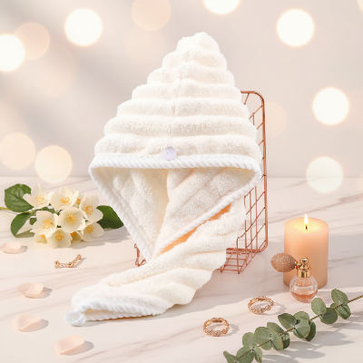 Serviette ultra absorbante cheveux bonnet jaune sechage rapide decor luxe bokeh