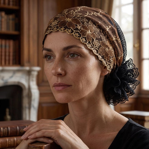 Turban femme marron brode de fleurs porte dans un salon