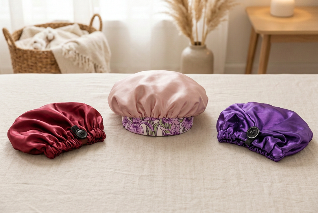 Trois bonnets en satin posés sur un tissu beige : bordeaux et violet à bouton noir, et rose à bande fleurie au centre.