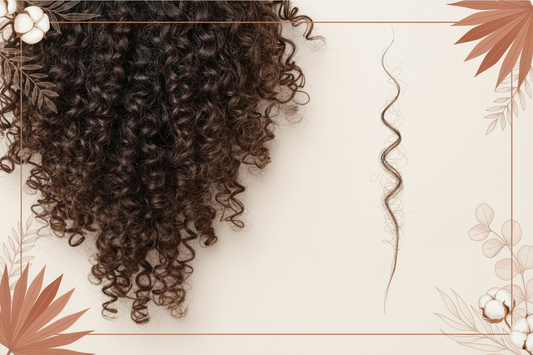 Illustration de cheveux bouclés et crépus fragilisés par les cycles répétés d’hydratation et de séchage, avec des soins pour les renforcer. 