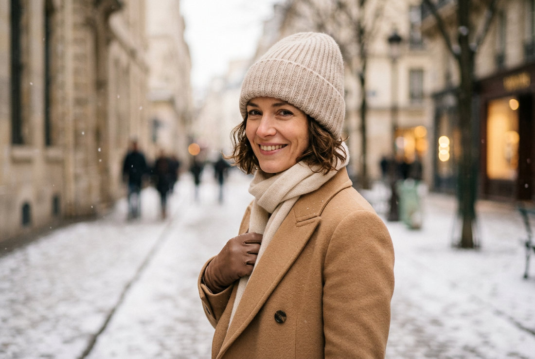 Femme portant un bonnet femme tendance beige en maille côtelée à revers et un manteau camel dans une rue en hiver.