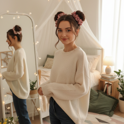Chouchou cheveux pois rouges et carreaux coiffure Space Buns