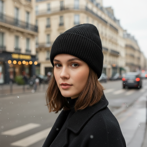 Bonnet hiver femme chic noir porte dans une scene lifestyle hivernale sur modele feminin
