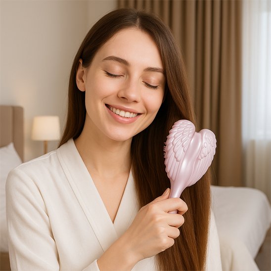 Brosse-à-cheveux-démêlante-rose-ailes-ange-coiffant-longue-chevelure-brune-interieur