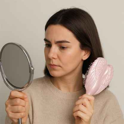 Brosse-à-cheveux-démêlante-rose-ailes-ange-miroir-soin-chevelure-brune-focus