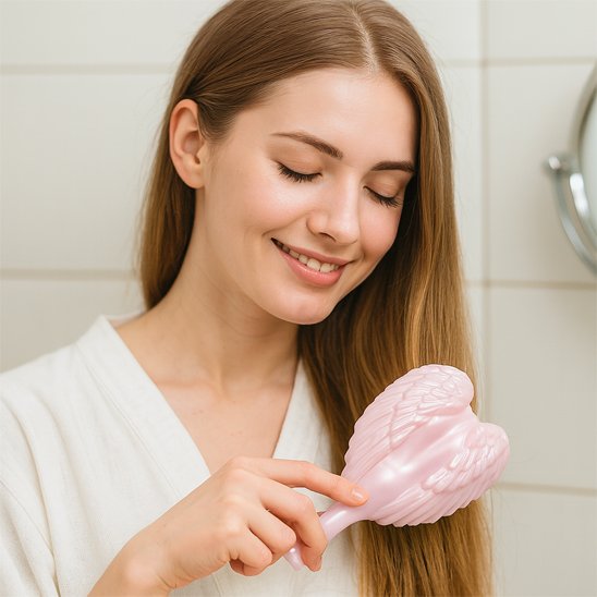 Brosse-à-cheveux-démêlante-rose-ailes-ange-soin-chevelure-longue-brune-bain