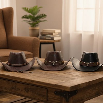 Chapeau-de-cowboy-homme-noir-brun-style-western-authentique-table-bois