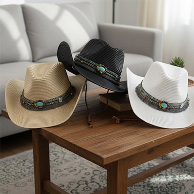 Chapeaux-de-cowboy-paille-noir-blanc-turquoise-style-western-interieur-bois-lumiere-douce