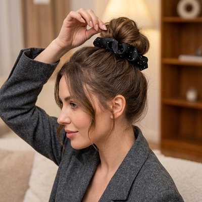 Chouchou-pour-cheveux-noir-pois-blancs-chignon-femme-style-doux-ambiance-salon-chaleureuse