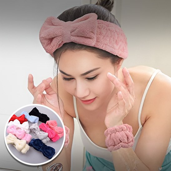 Femme-bandeau-maquillage-cheveux-rose-noeud-style-soin-visage-confort-doux-beaute