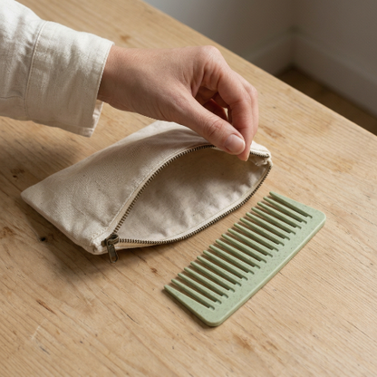 Peigne dents larges vert pres dune trousse beige