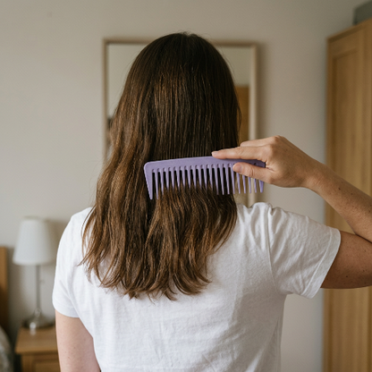 Peigne dents larges violet sur les pointes des cheveux