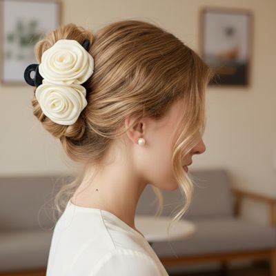 Pince-à-cheveux-fleur-blanche-fixee-dans-chignon-style-romantique-femme
