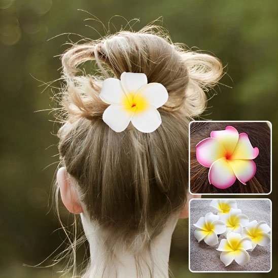 Pince-à-cheveux-fleur-plumeria-tropicale-blanche-jaune-chignon-elegant-femme-coiffure