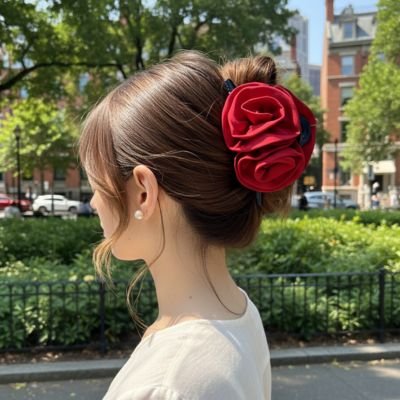 Pince-à-cheveux-fleur-rouge-rose-fixee-dans-chignon-style-romantique-femme