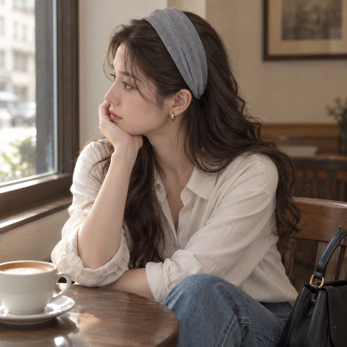 Serre tête chic gris porte par une femme assise pres de la fenetre d un cafe