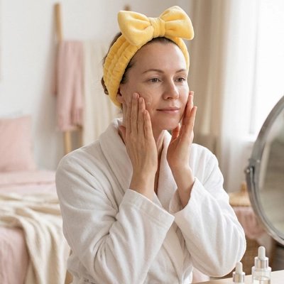 Bandeau maquillage jaune noeud femme soin visage miroir peignoir