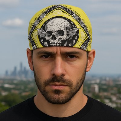 bandana-jaune-crane-ailes-style-tete-ville-gratte-ciel-look-audacieux-urbain