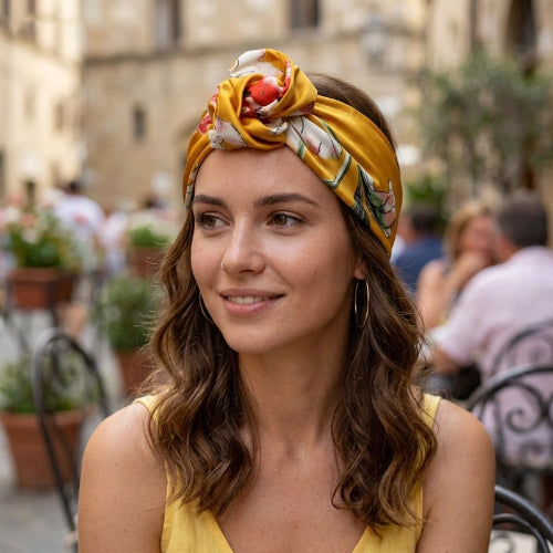 Bandeau cheveux femme jaune cheveux lache femme souriante dans un cafe