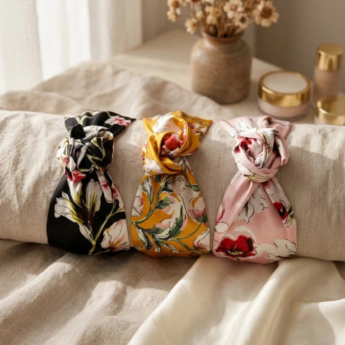 Bandeau cheveux femme noeud preforme motifs floraux trois couleurs jaune rose noir