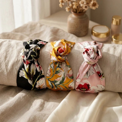 Bandeau cheveux femme noeud preforme motifs floraux trois couleurs jaune rose noir