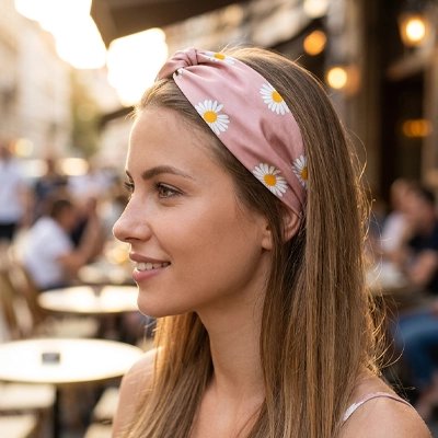 bandeau-cheveux-femme-rose-fleur-dans-une-terasse-cafe