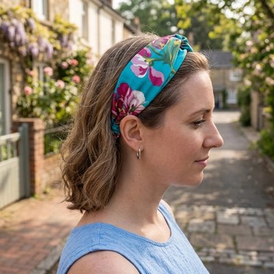 bandeau-cheveux-femme-vert-florale-dans-une-rue-pave