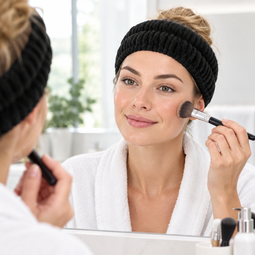 Bandeau cheveux pour maquillage noir porte devant un miroir pour degager le visage
