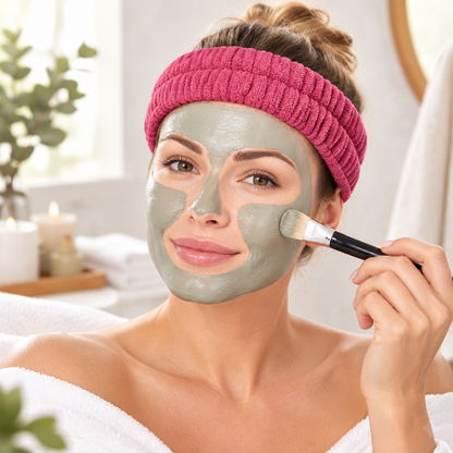 Bandeau cheveux pour maquillage rose fonce porte pendant application d un masque sur le visage