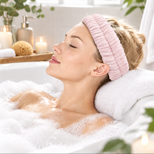 Bandeau cheveux pour maquillage rose  porte pendant un moment de detente dans le bain