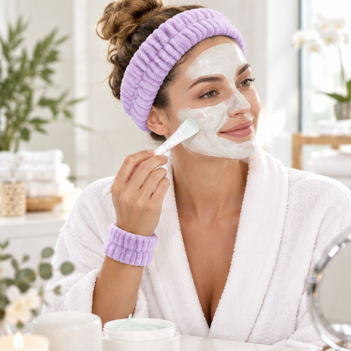 bandeau cheveux pour maquillage violet et bandeau de poignet assorti portes devant le miroir pendant le demaquillage