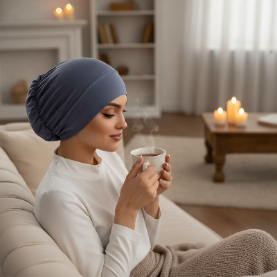 bandeau cheveux turban gris bleu femme salon cosy bougie tasse the