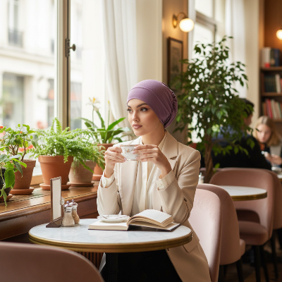 bandeau cheveux turban mauve femme cafe parisien plantes vertes lumiere