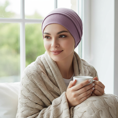 bandeau cheveux turban mauve femme malade chimio fenetre couverture courage