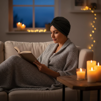 bandeau cheveux turban noir femme salon cosy bougie detente maison