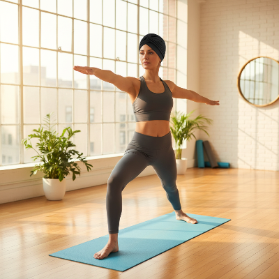 bandeau cheveux turban noir femme yoga studio lumineux sport matin