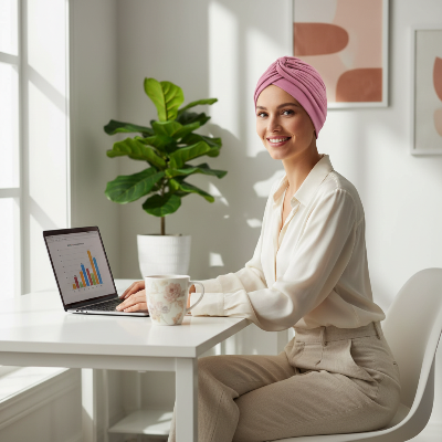 bandeau cheveux turban rose poudre femme bureau moderne teletravail confiance