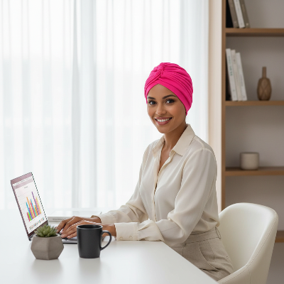 bandeau cheveux turban rose vif femme bureau ordinateur lumiere naturelle