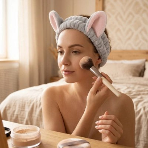 Bandeau maquillage gris oreilles roses femme applique poudre sur visage dans chambre devant miroir