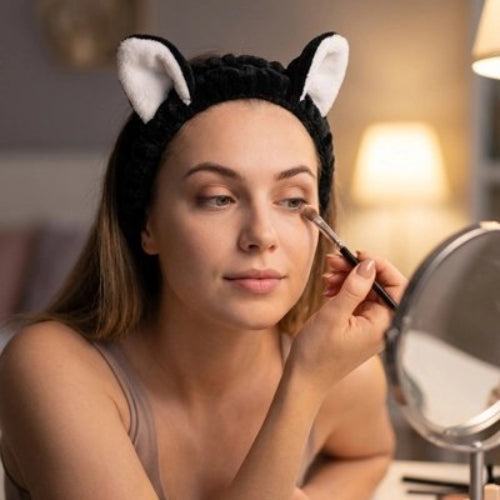 Bandeau maquillage noir oreilles de chat blanches femme applique maquillage yeux devant miroir eclaire