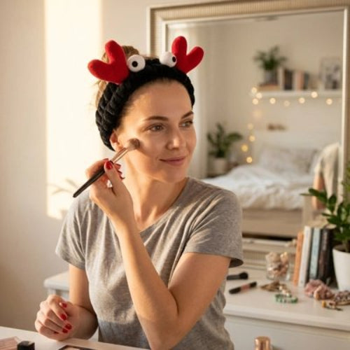 Bandeau maquillage noir ornements rouges yeux mobiles femme applique maquillage sur joue dans chambre