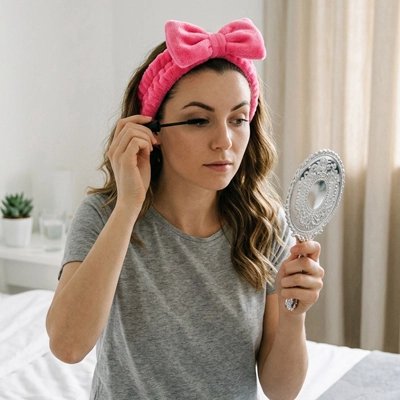 Bandeau maquillage  rose noeud femme mascara miroir main