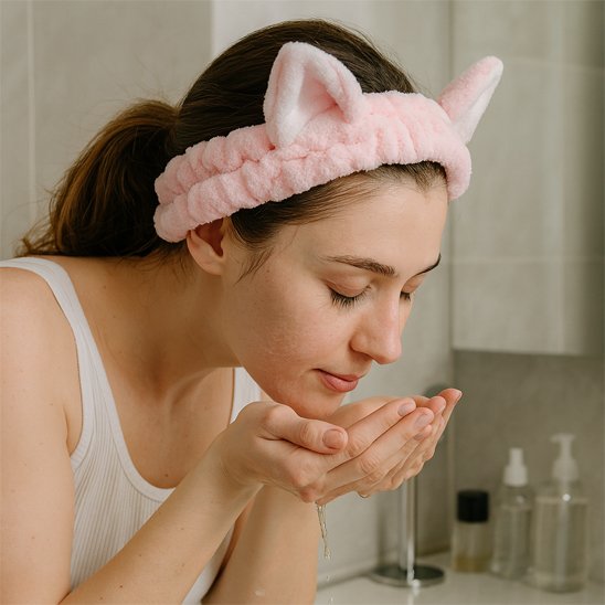 bandeau-maquillage-rose-oreilles-confort-soin-visage-routine-beaute-femme-douceur