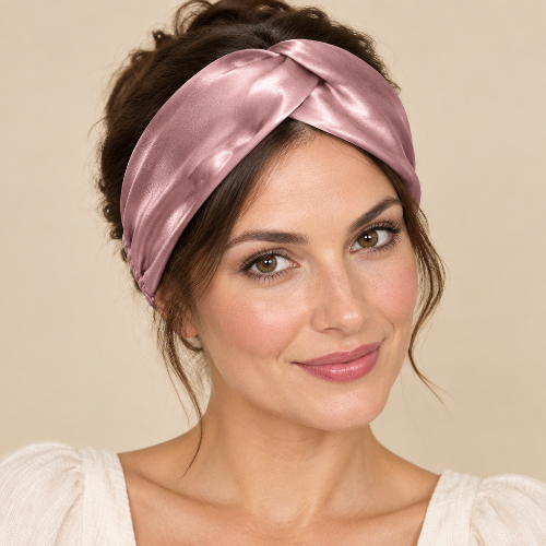 Bandeau pour cheveux rose satine sur cheveux releves