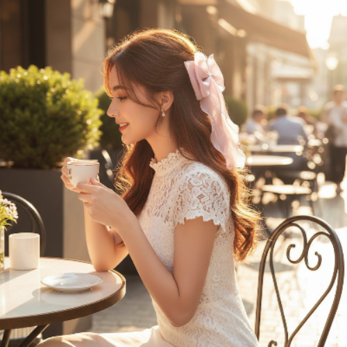 barrette à cheveux femme ruban rose cheveux longs cafe exterieur soleil