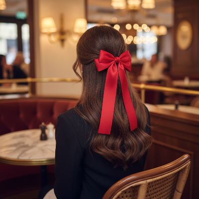 barrette cheveux ruban rouge cheveux longs bruns restaurant interieur