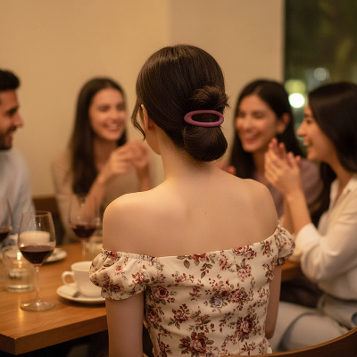 barrette pour cheveux attache rose sur chignon bas soiree entre amis